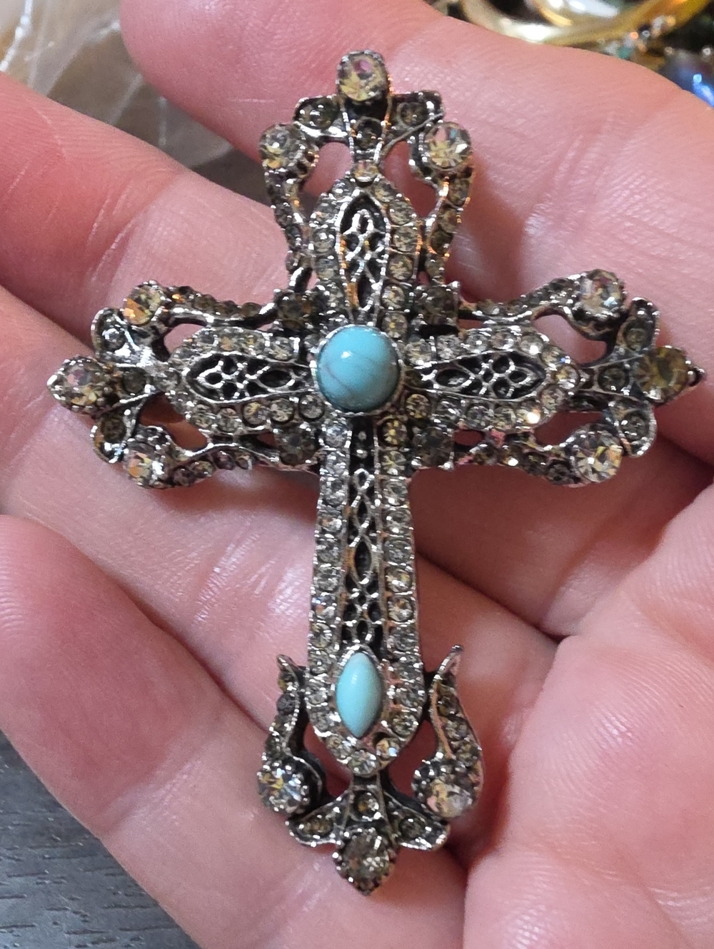 A152- Vintage-Style Turquoise Cross Brooch/ Pendant Combo